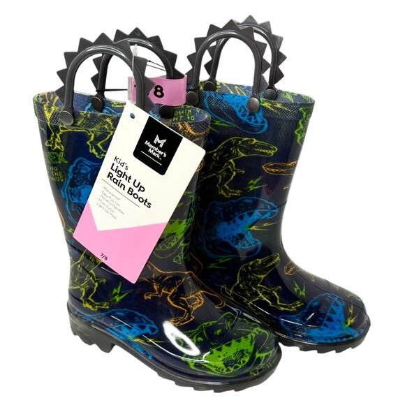 NEW Light Up RAIN BOOTS 7/8 Boys Kids Dinosaur T REX Rubber Boot Shoes Lights - Picture 1 of 9